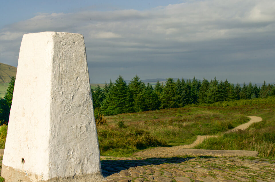 The white post at the top of Beacon Fell which signifies the highest point.