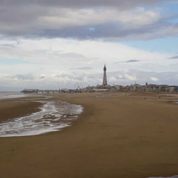The tower at Blackpool over looking the beach.