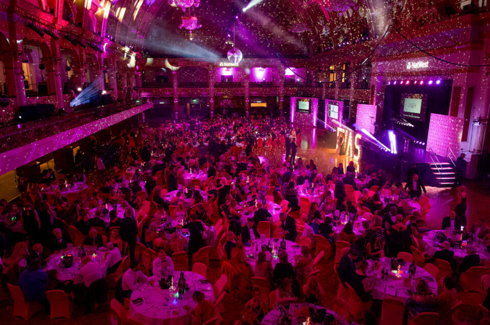 A full room of people in the Blackpool Ballroom at EVAS Awards 2024.